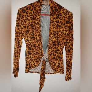 Animal Print Lightweight Cover Up With Sheer Black Mesh Backing, Tie Front